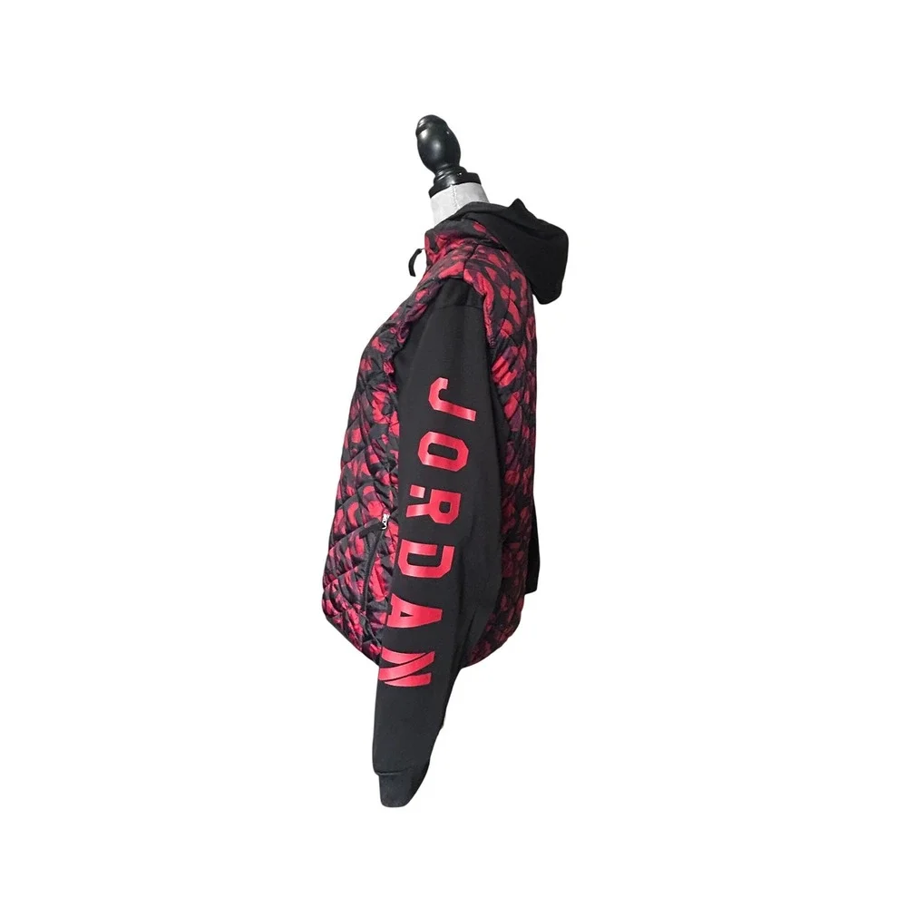 Jordan Kids Quilted Hooded Jacket‎ Red Black Floral Print Logo Size XL